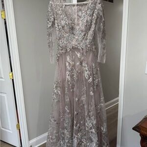 Mac Duggal Silver and Cream Long Sleeve Gown